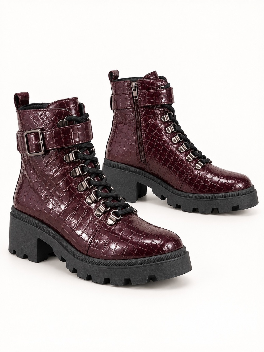 Sugar Frannie Burgundy Croc Combat Boots Women’s Size 8 Chunky Heel